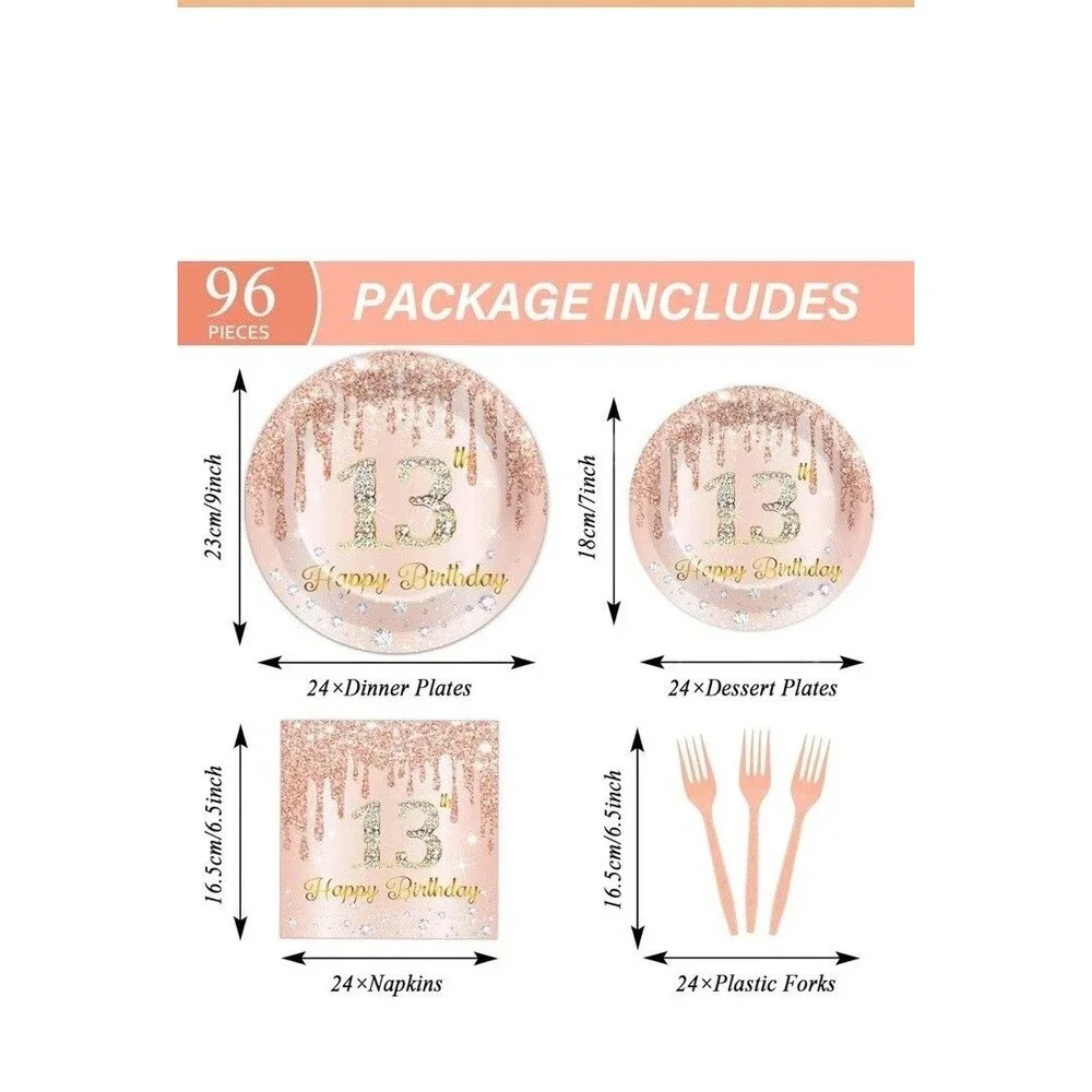96 Pcs Rose Gold 13th Birthday Party Plates and Napkins for Girls Rose Gold